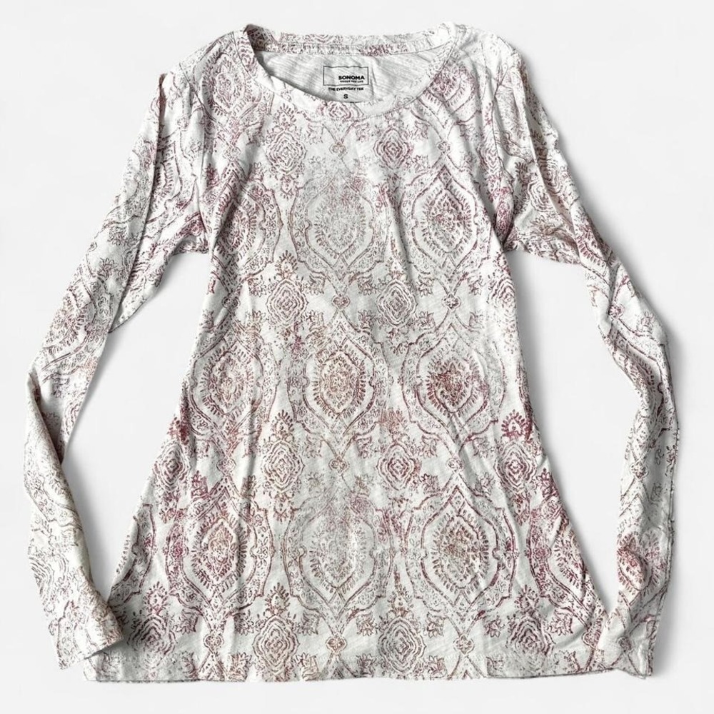 Y2K Sonoma Paisely Long Sleeve Top White & Red Womens Small Cotton Flowy Vintage